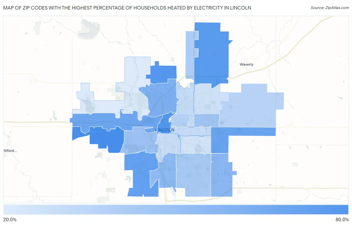 Zip Codes with the Highest Percentage of Households Heated by Electricity in Lincoln Map
