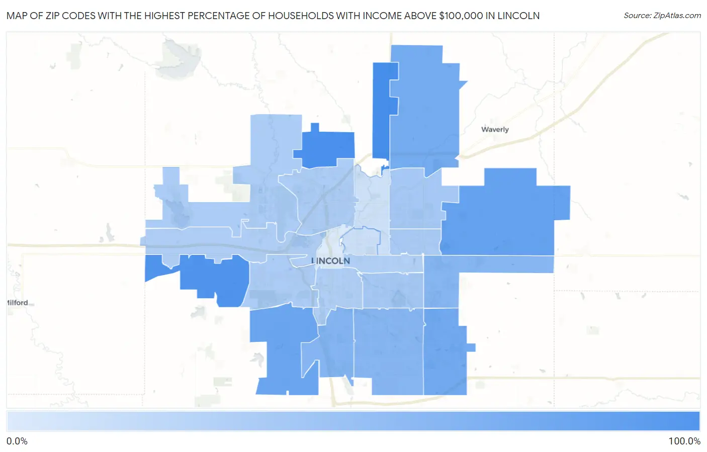 Zip Codes with the Highest Percentage of Households with Income Above $100,000 in Lincoln Map
