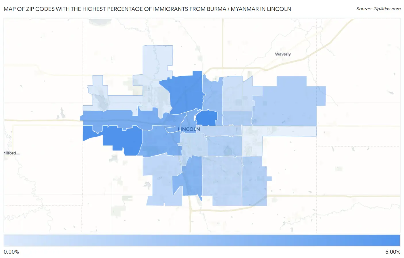 Zip Codes with the Highest Percentage of Immigrants from Burma / Myanmar in Lincoln Map