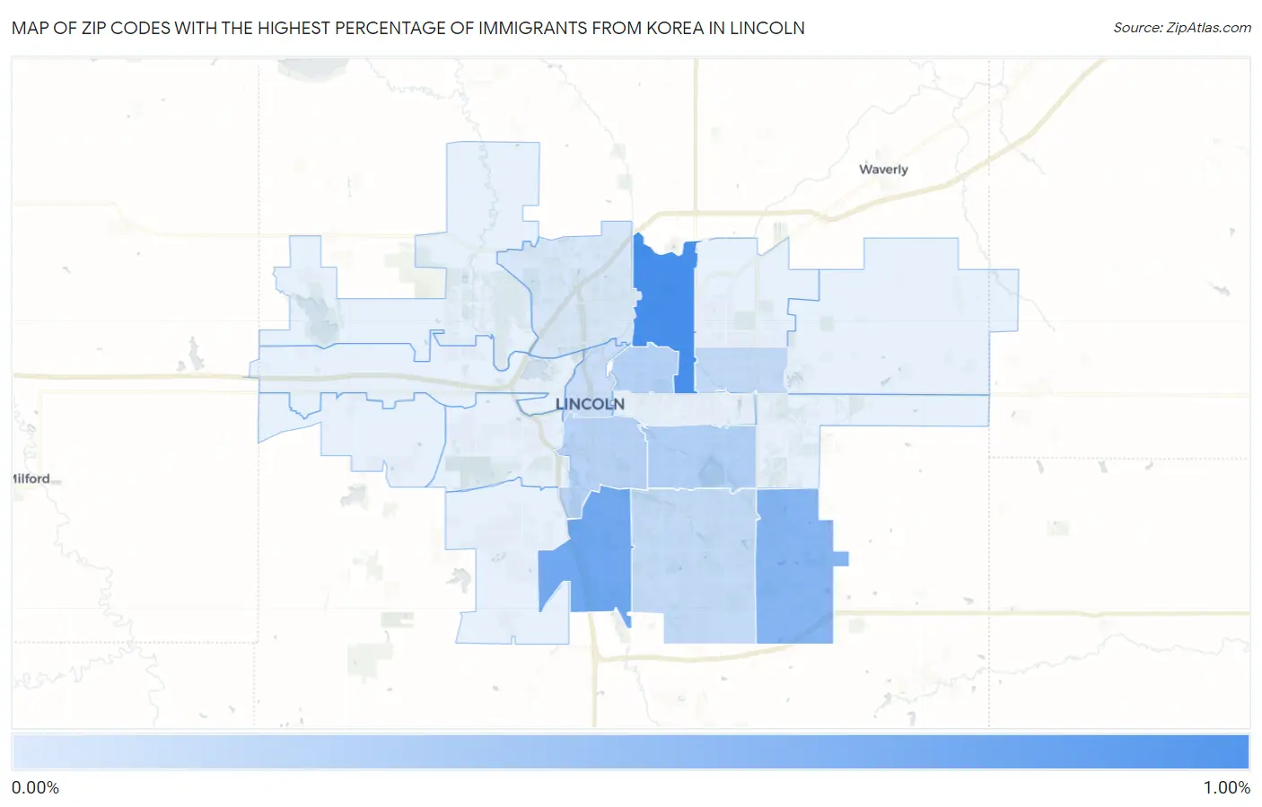 Zip Codes with the Highest Percentage of Immigrants from Korea in Lincoln Map