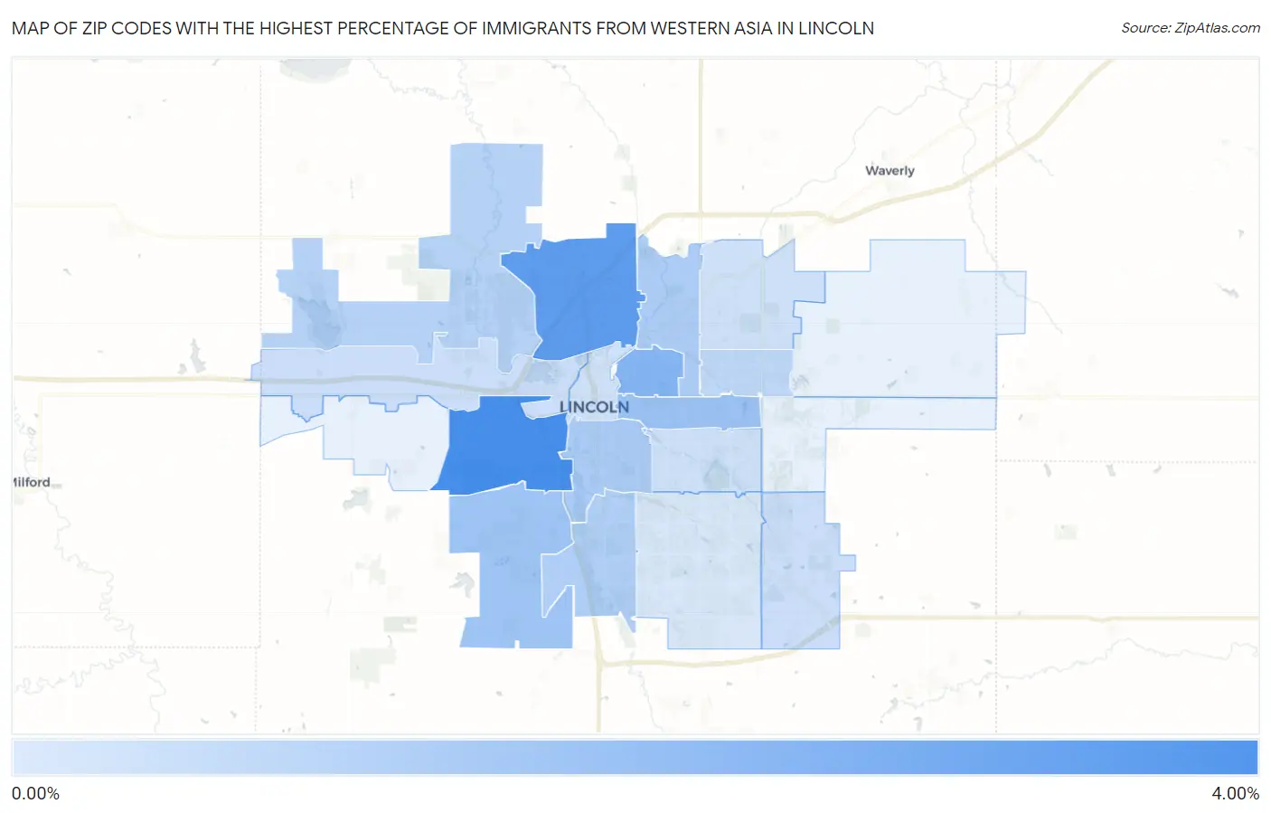 Zip Codes with the Highest Percentage of Immigrants from Western Asia in Lincoln Map