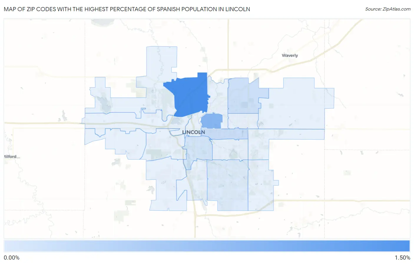 Zip Codes with the Highest Percentage of Spanish Population in Lincoln Map