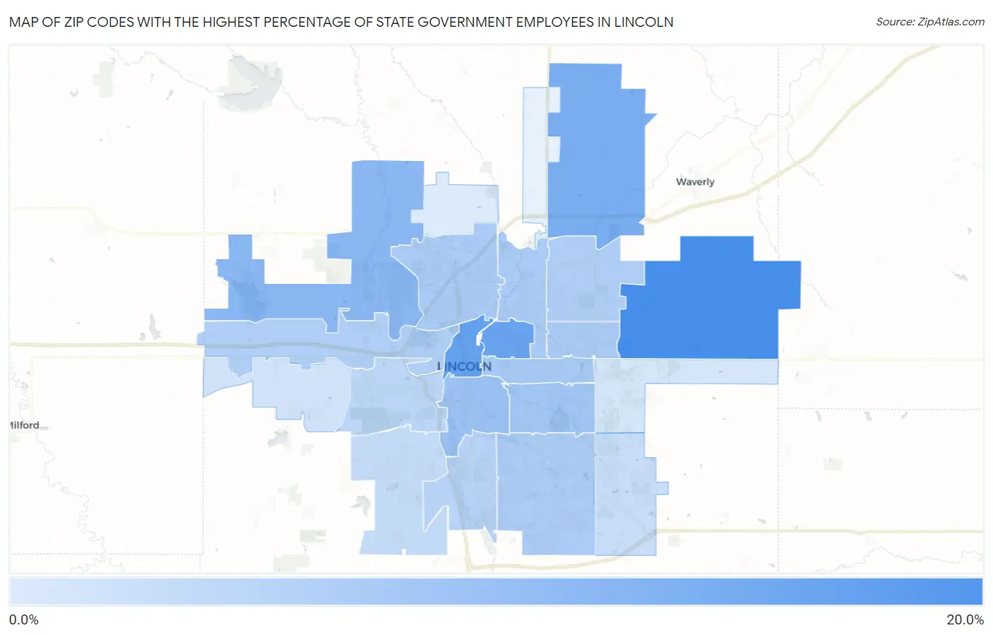 Zip Codes with the Highest Percentage of State Government Employees in Lincoln Map