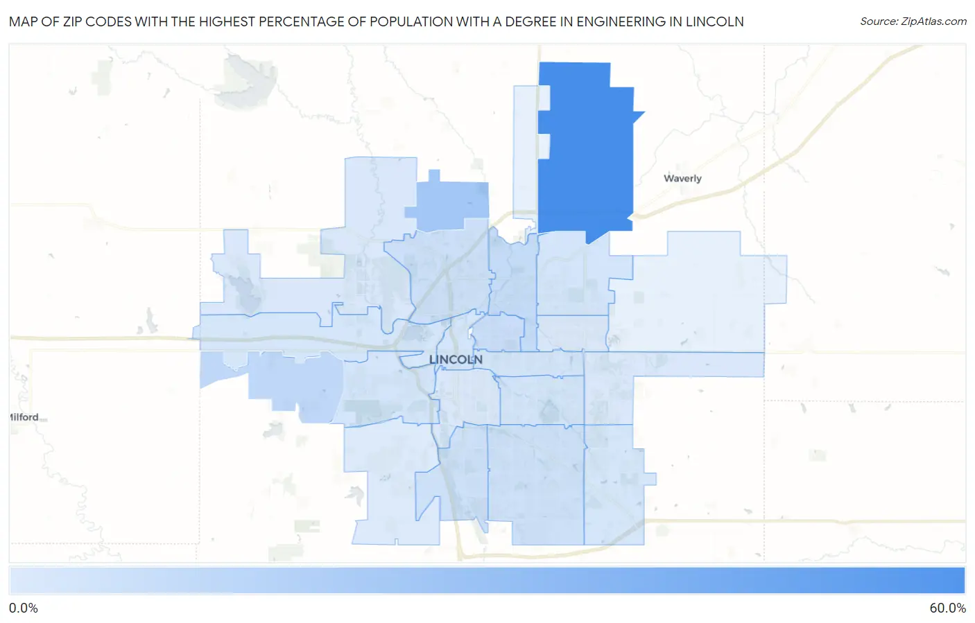 Zip Codes with the Highest Percentage of Population with a Degree in Engineering in Lincoln Map