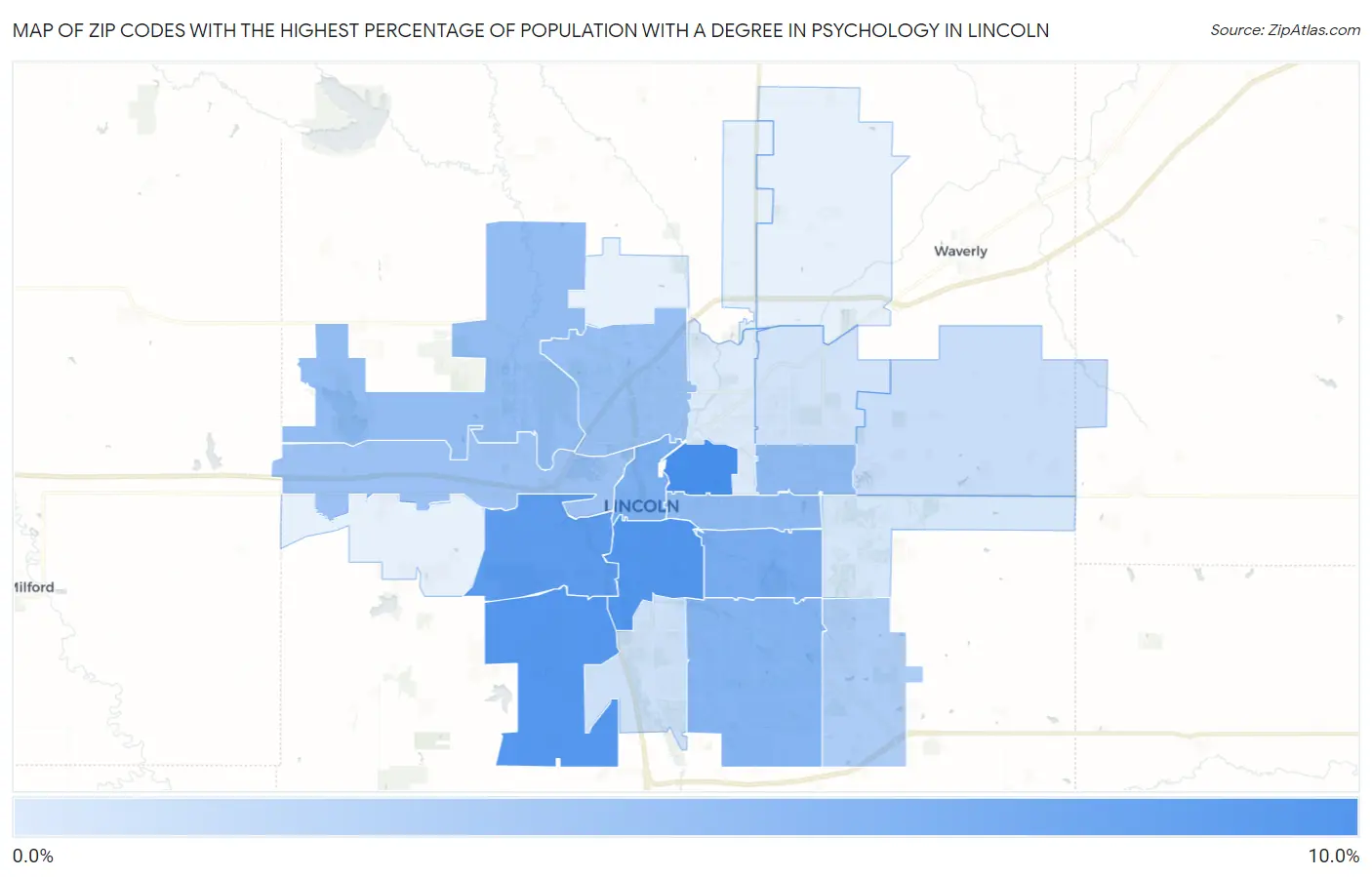 Zip Codes with the Highest Percentage of Population with a Degree in Psychology in Lincoln Map