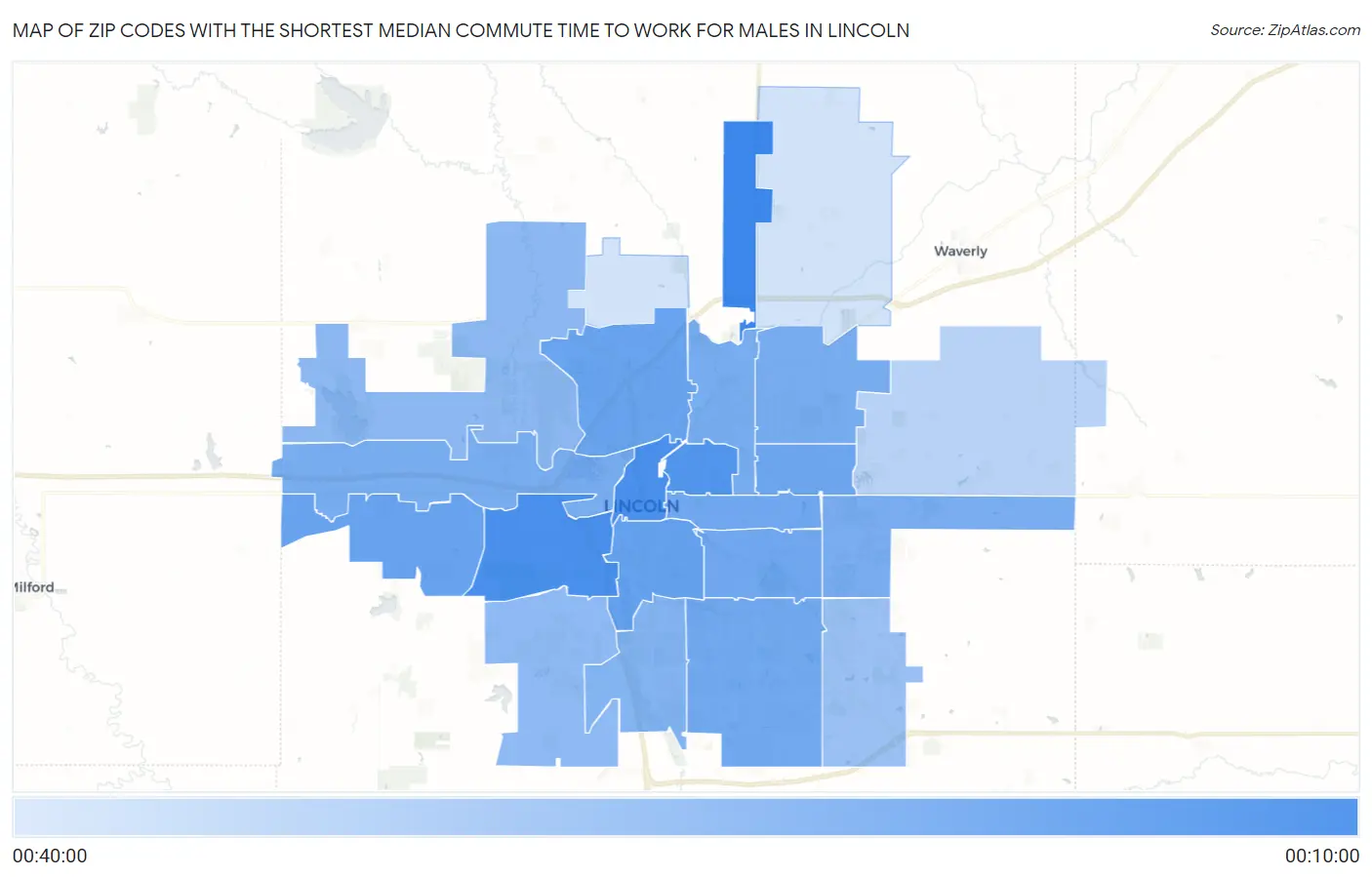Zip Codes with the Shortest Median Commute Time to Work for Males in Lincoln Map