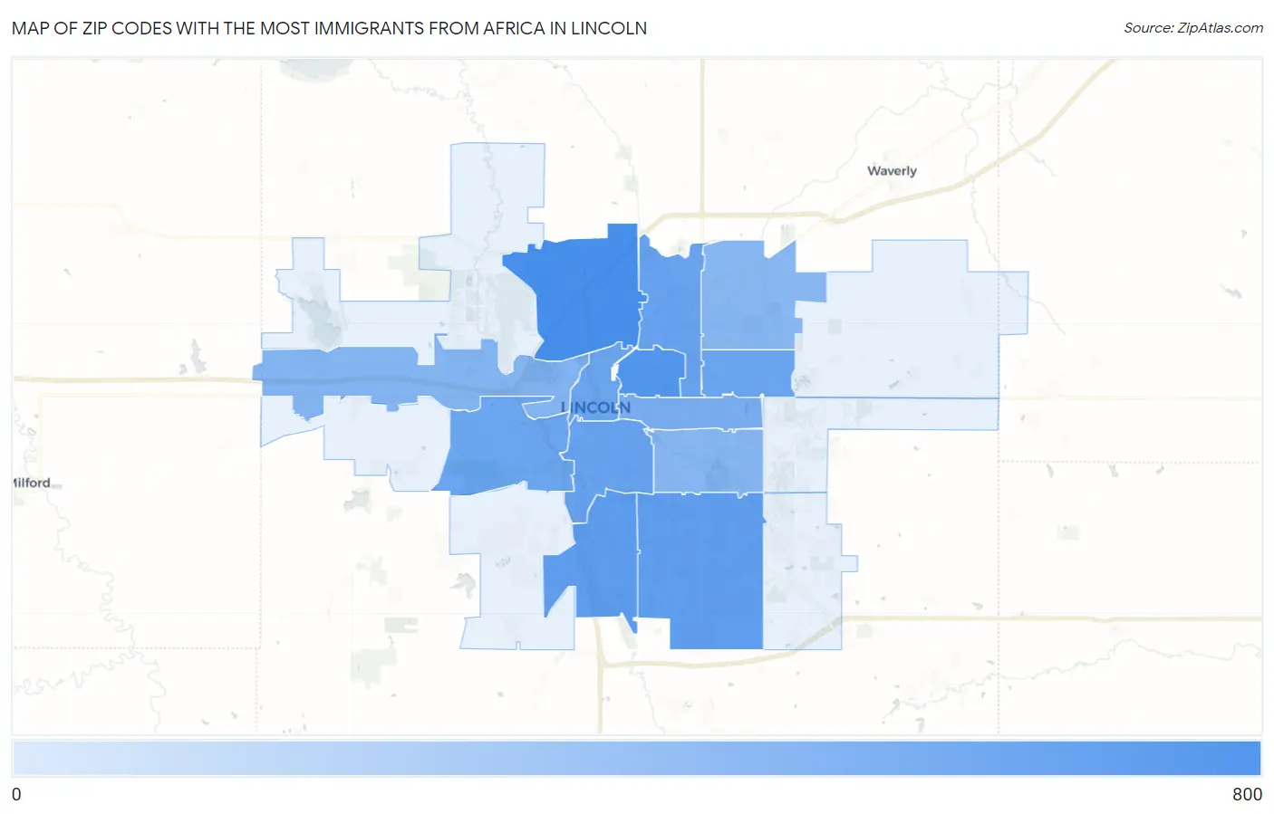 Zip Codes with the Most Immigrants from Africa in Lincoln Map