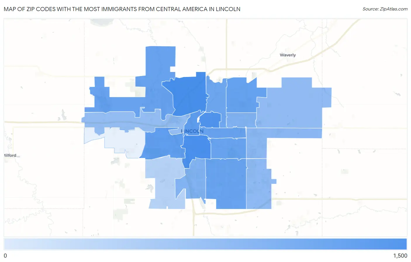 Zip Codes with the Most Immigrants from Central America in Lincoln Map