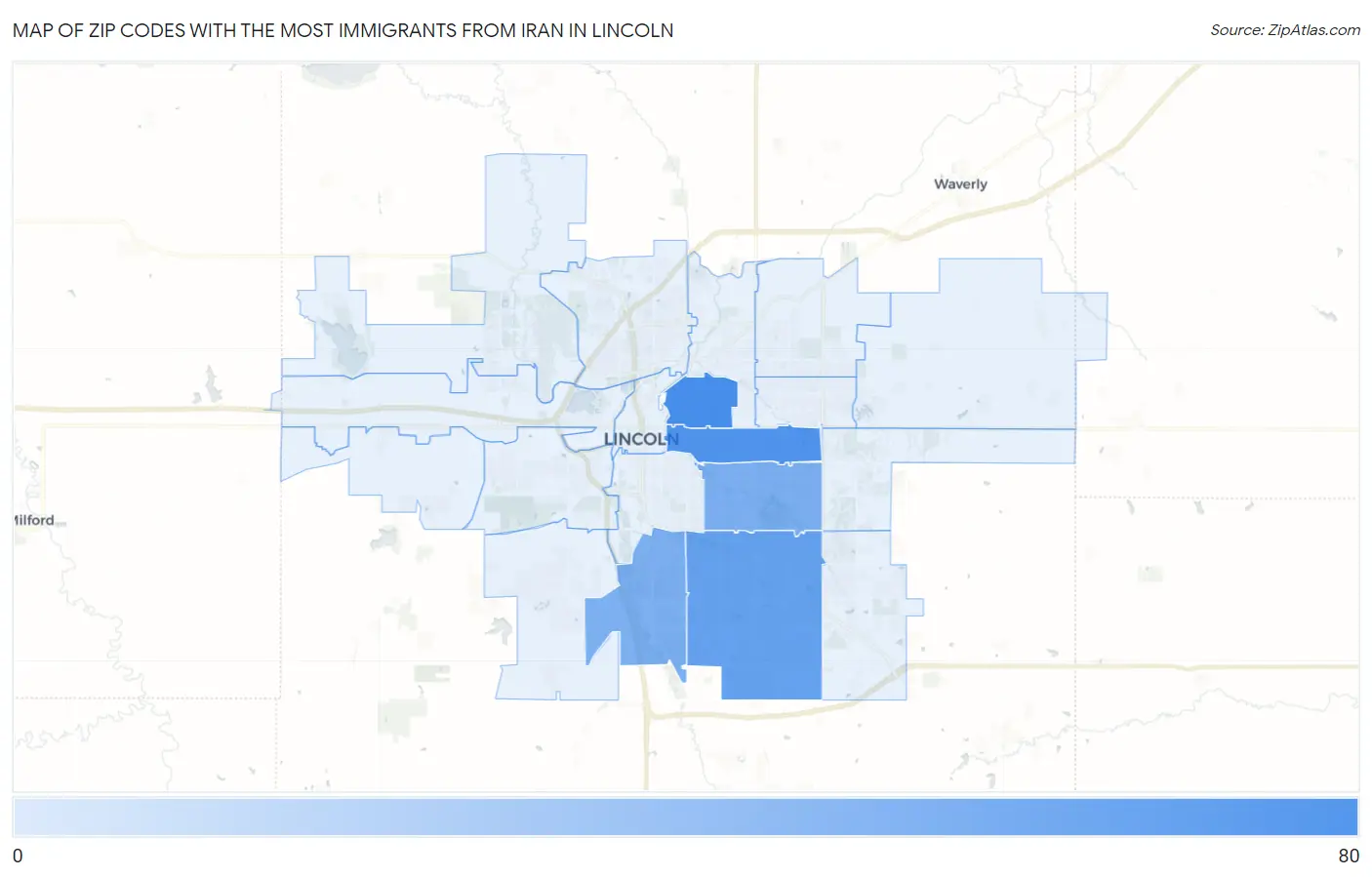 Zip Codes with the Most Immigrants from Iran in Lincoln Map