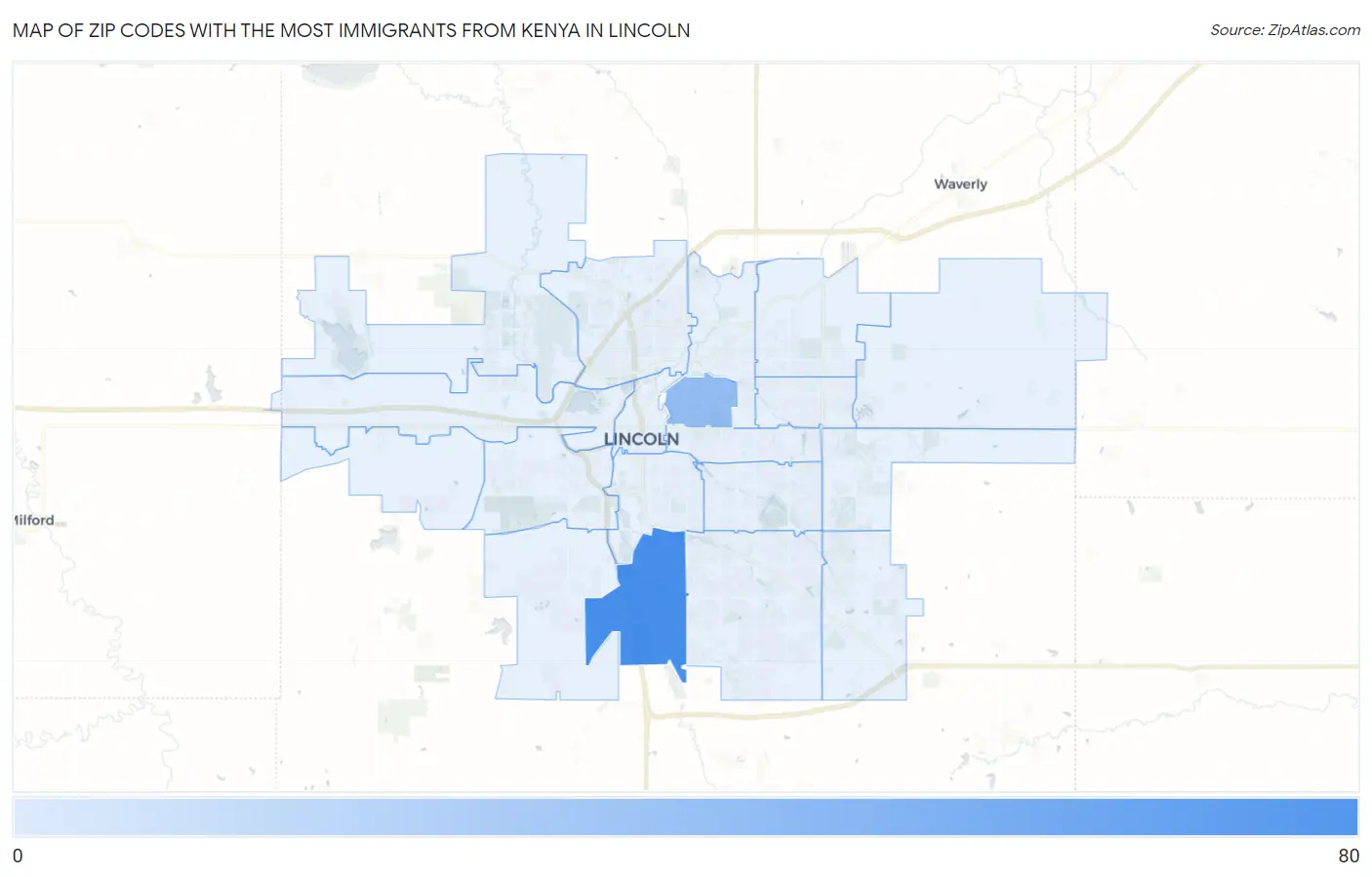 Zip Codes with the Most Immigrants from Kenya in Lincoln Map