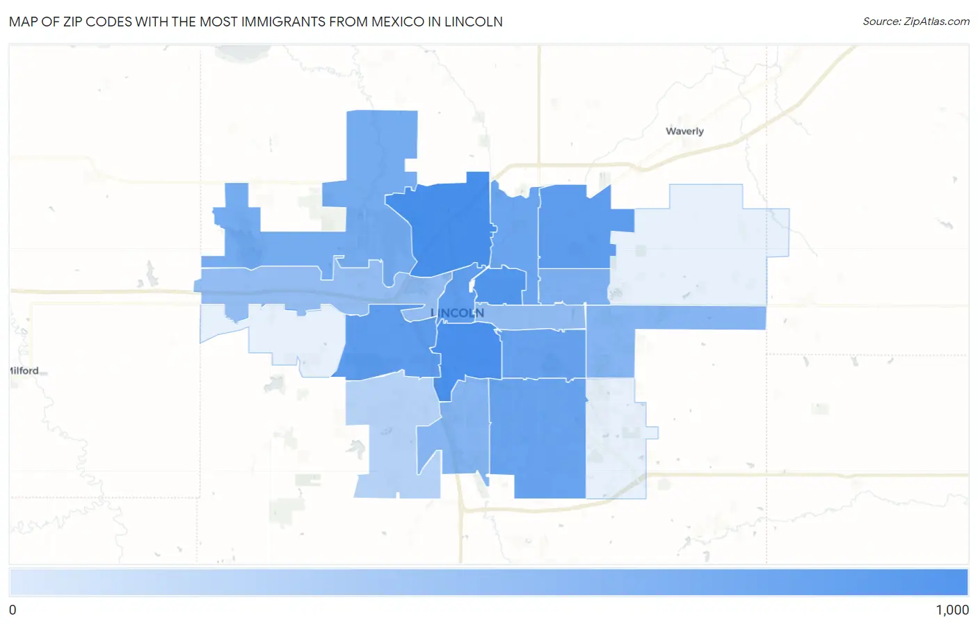 Zip Codes with the Most Immigrants from Mexico in Lincoln Map