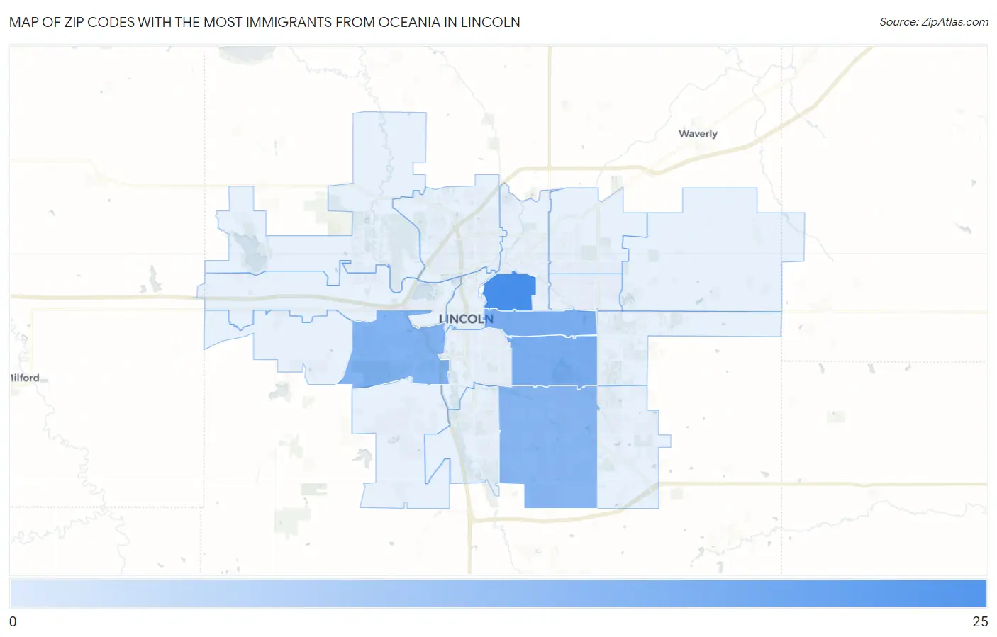 Zip Codes with the Most Immigrants from Oceania in Lincoln Map