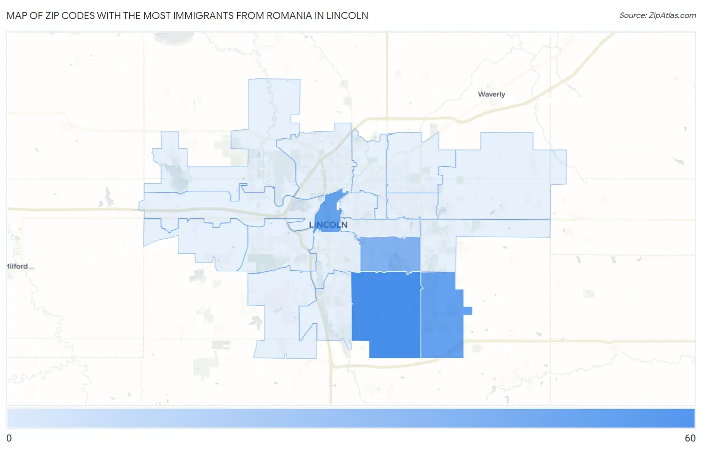 Zip Codes with the Most Immigrants from Romania in Lincoln Map