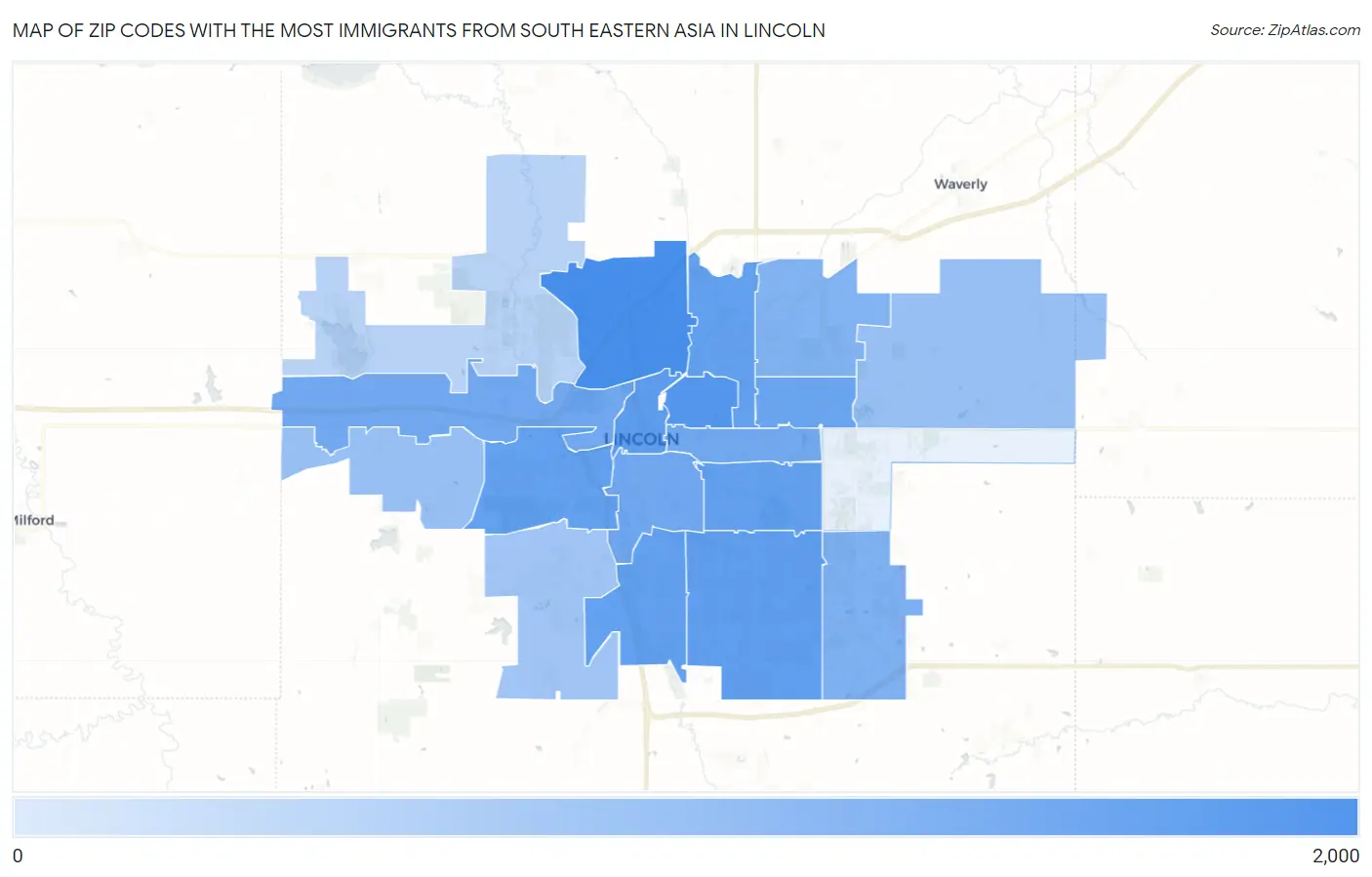 Zip Codes with the Most Immigrants from South Eastern Asia in Lincoln Map