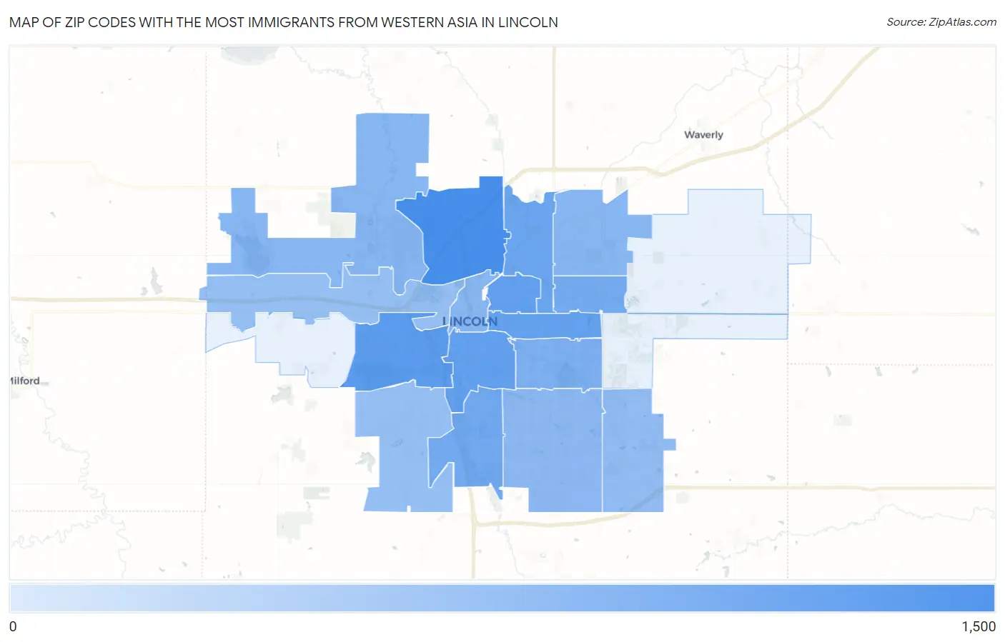 Zip Codes with the Most Immigrants from Western Asia in Lincoln Map