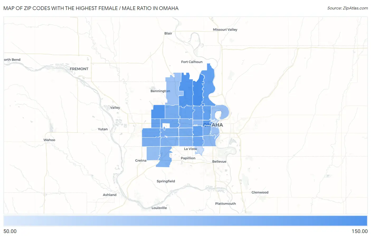 Zip Codes with the Highest Female / Male Ratio in Omaha Map