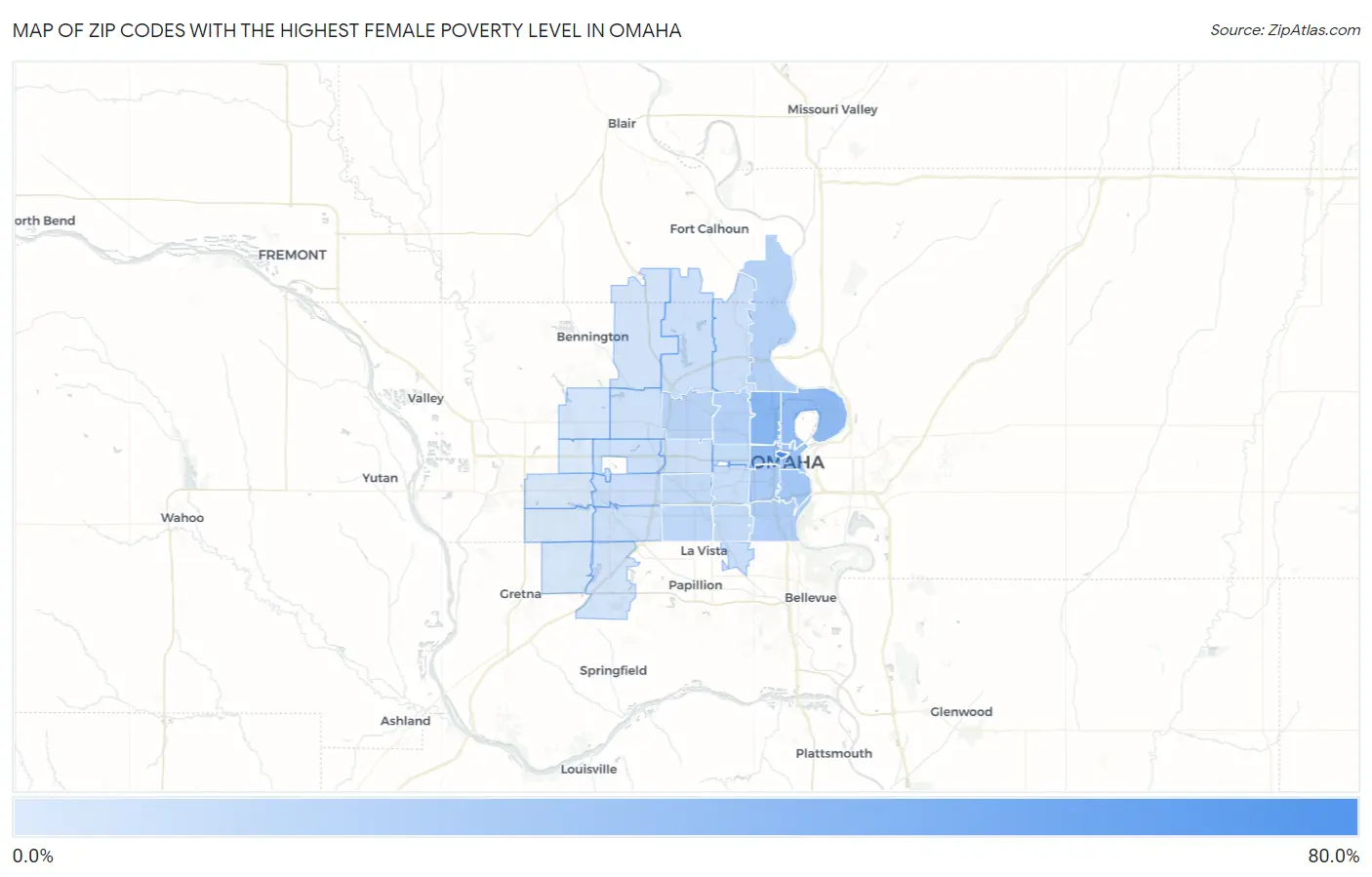 Zip Codes with the Highest Female Poverty Level in Omaha Map
