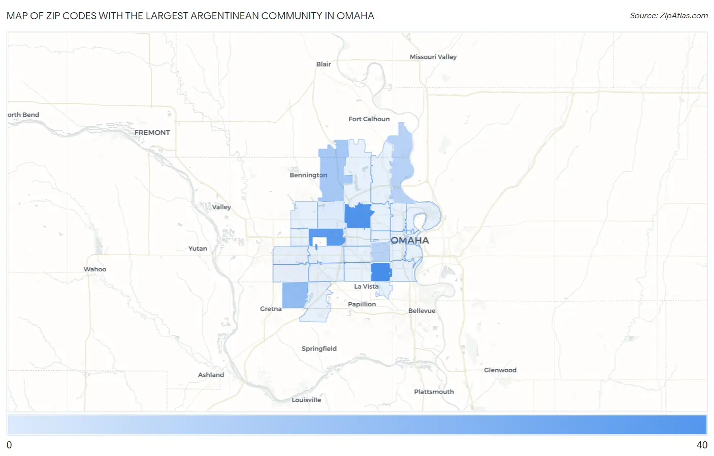 Zip Codes with the Largest Argentinean Community in Omaha Map