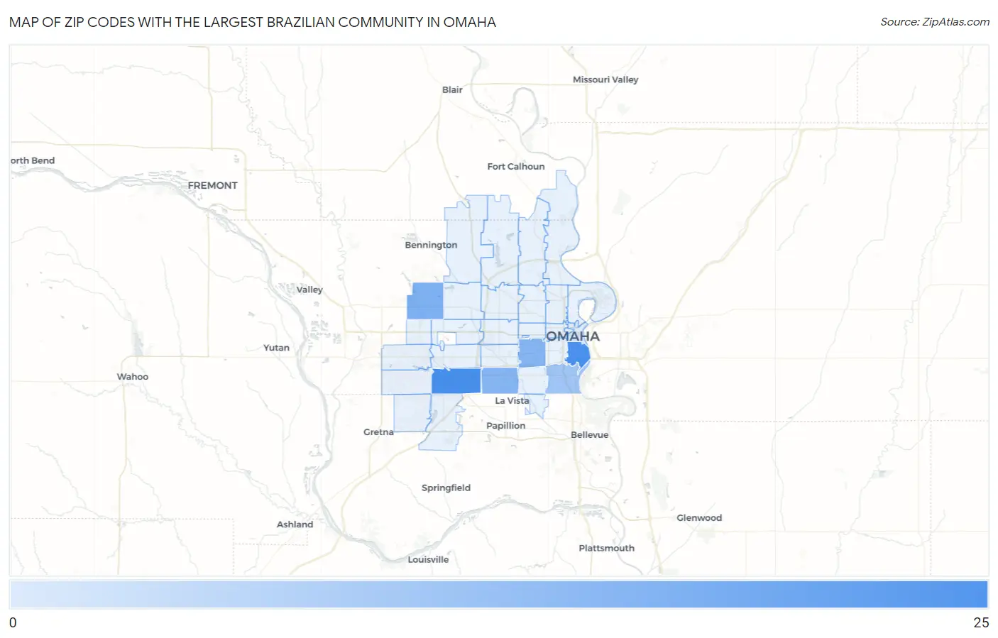 Zip Codes with the Largest Brazilian Community in Omaha Map