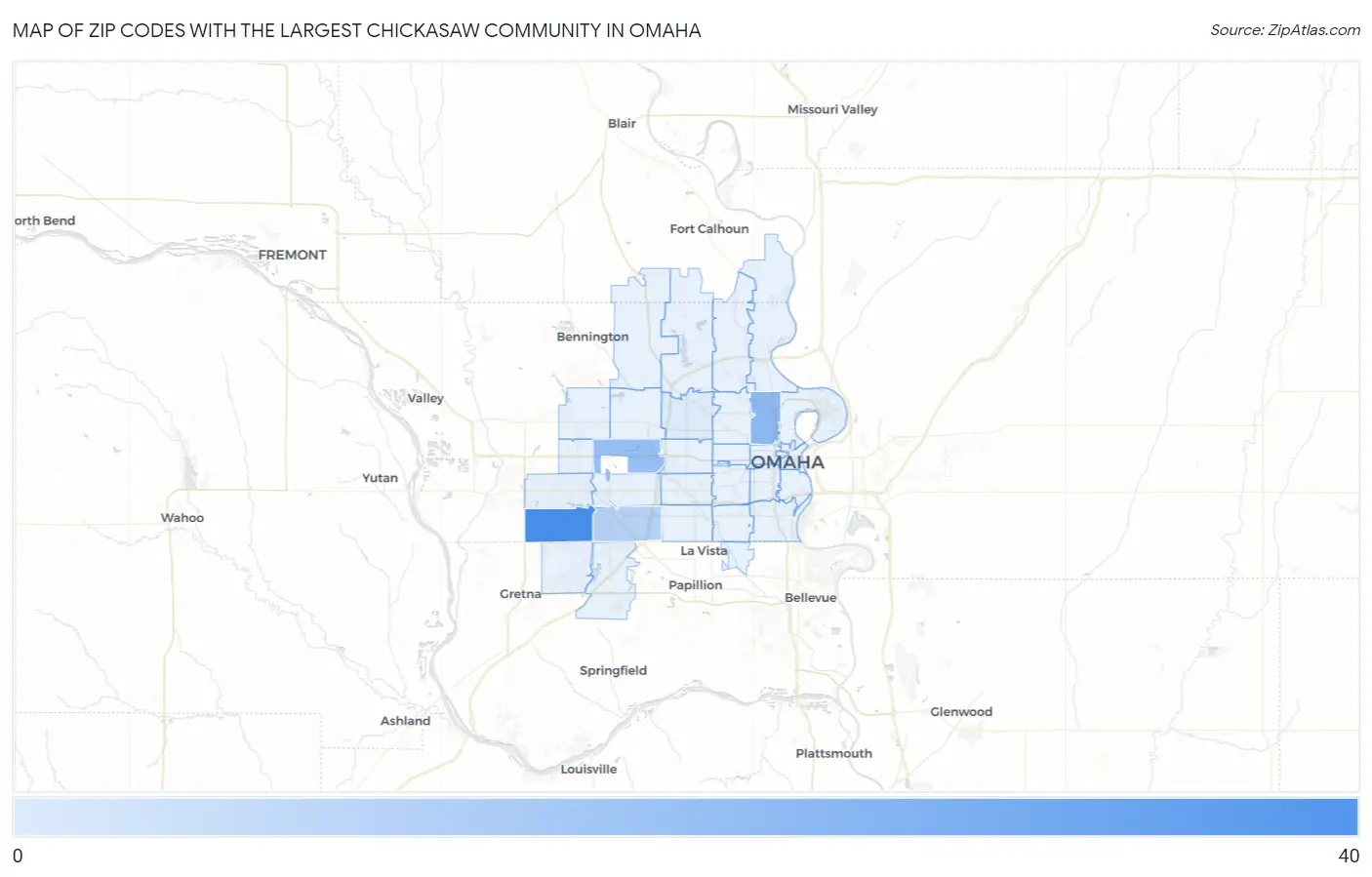 Zip Codes with the Largest Chickasaw Community in Omaha Map
