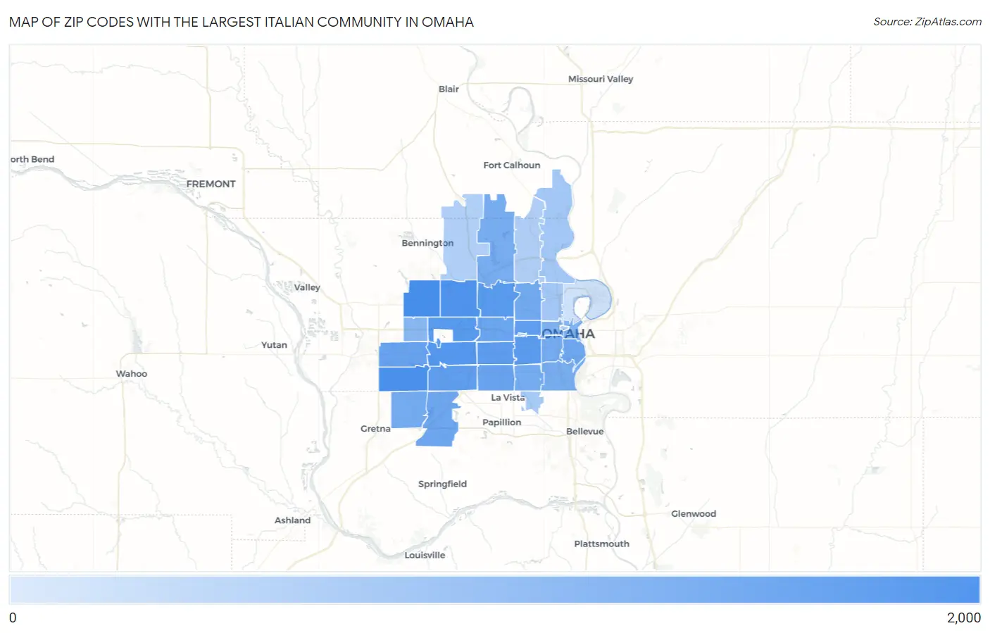 Zip Codes with the Largest Italian Community in Omaha Map