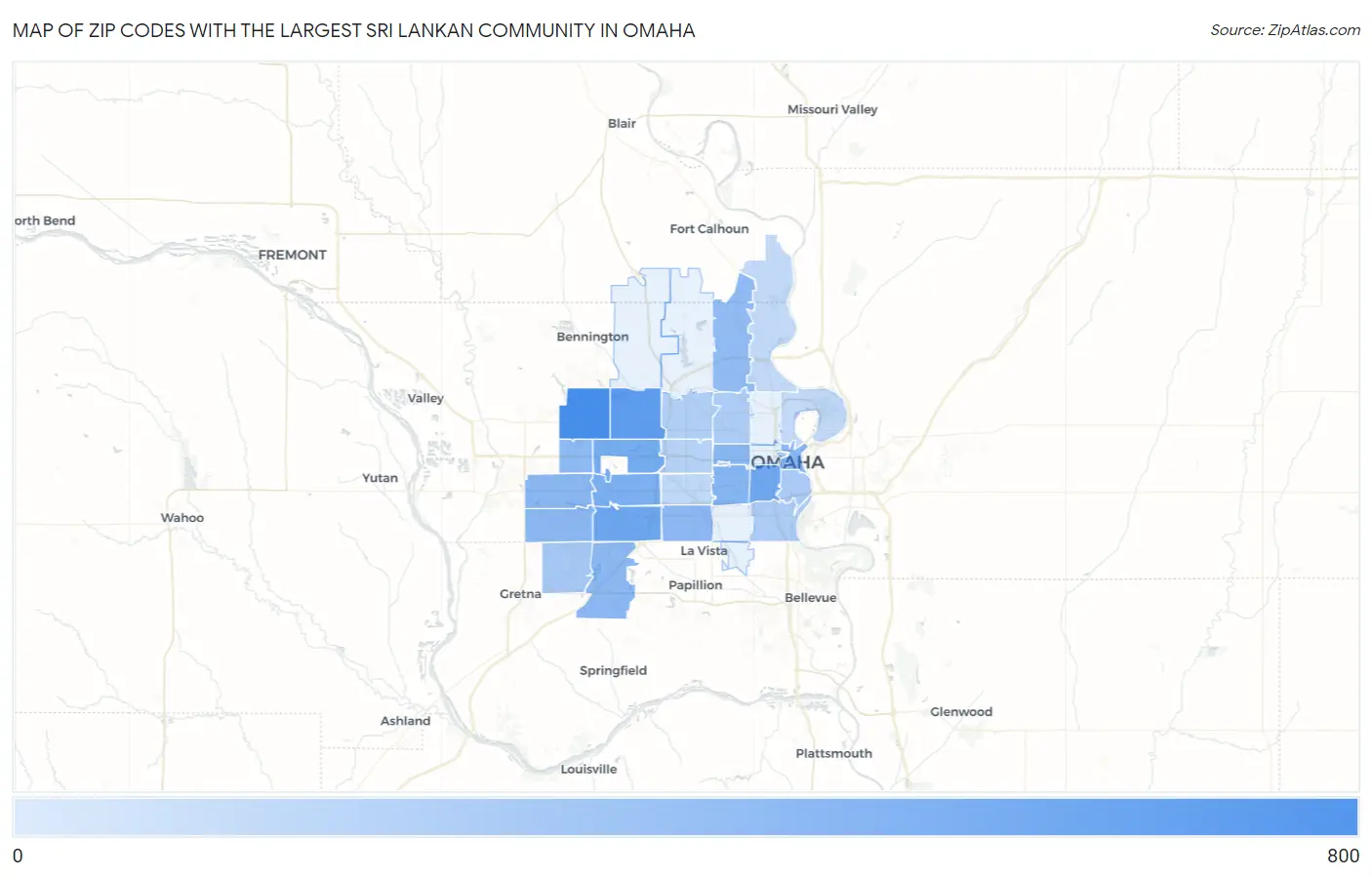Zip Codes with the Largest Sri Lankan Community in Omaha Map