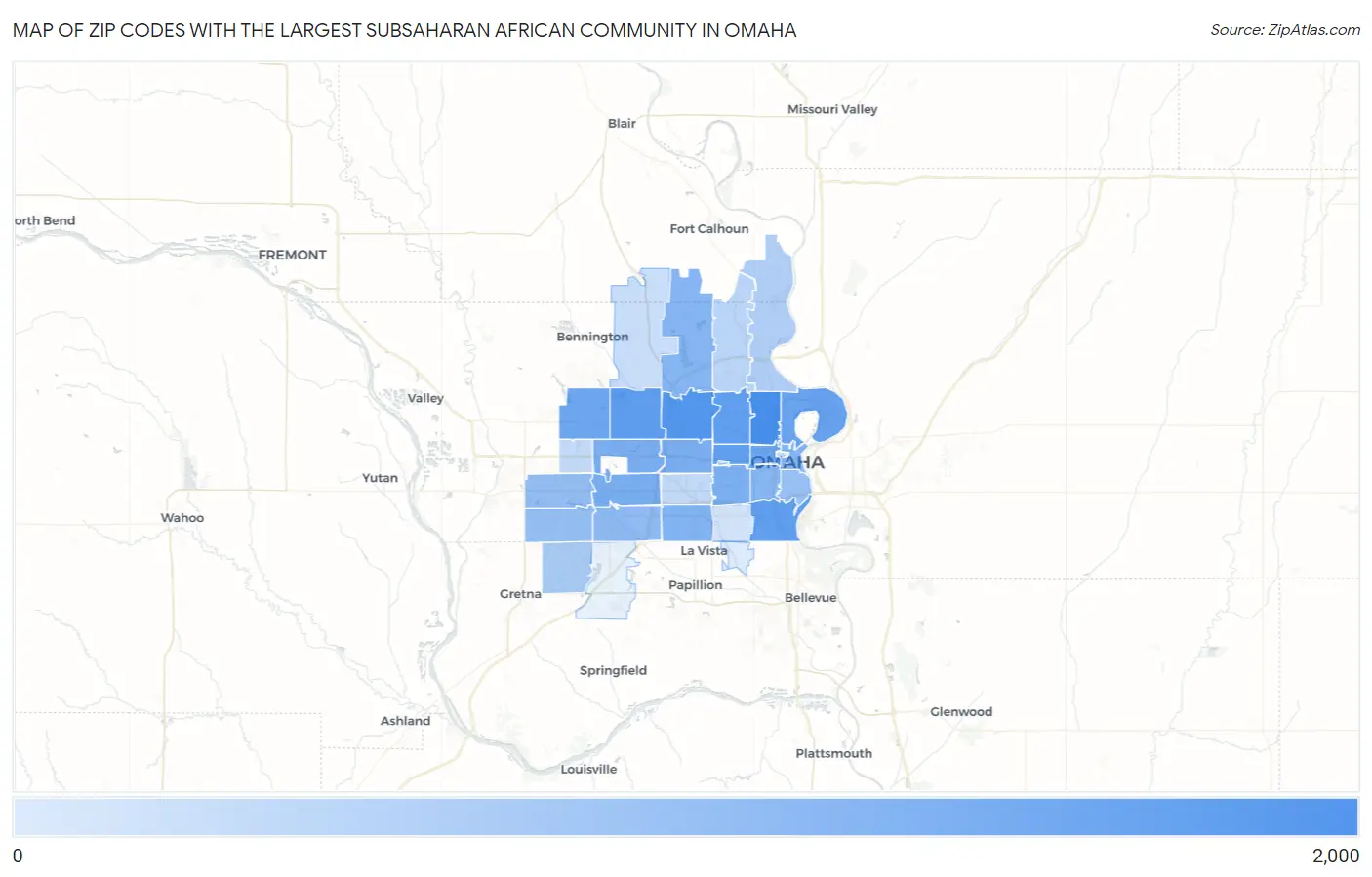 Zip Codes with the Largest Subsaharan African Community in Omaha Map