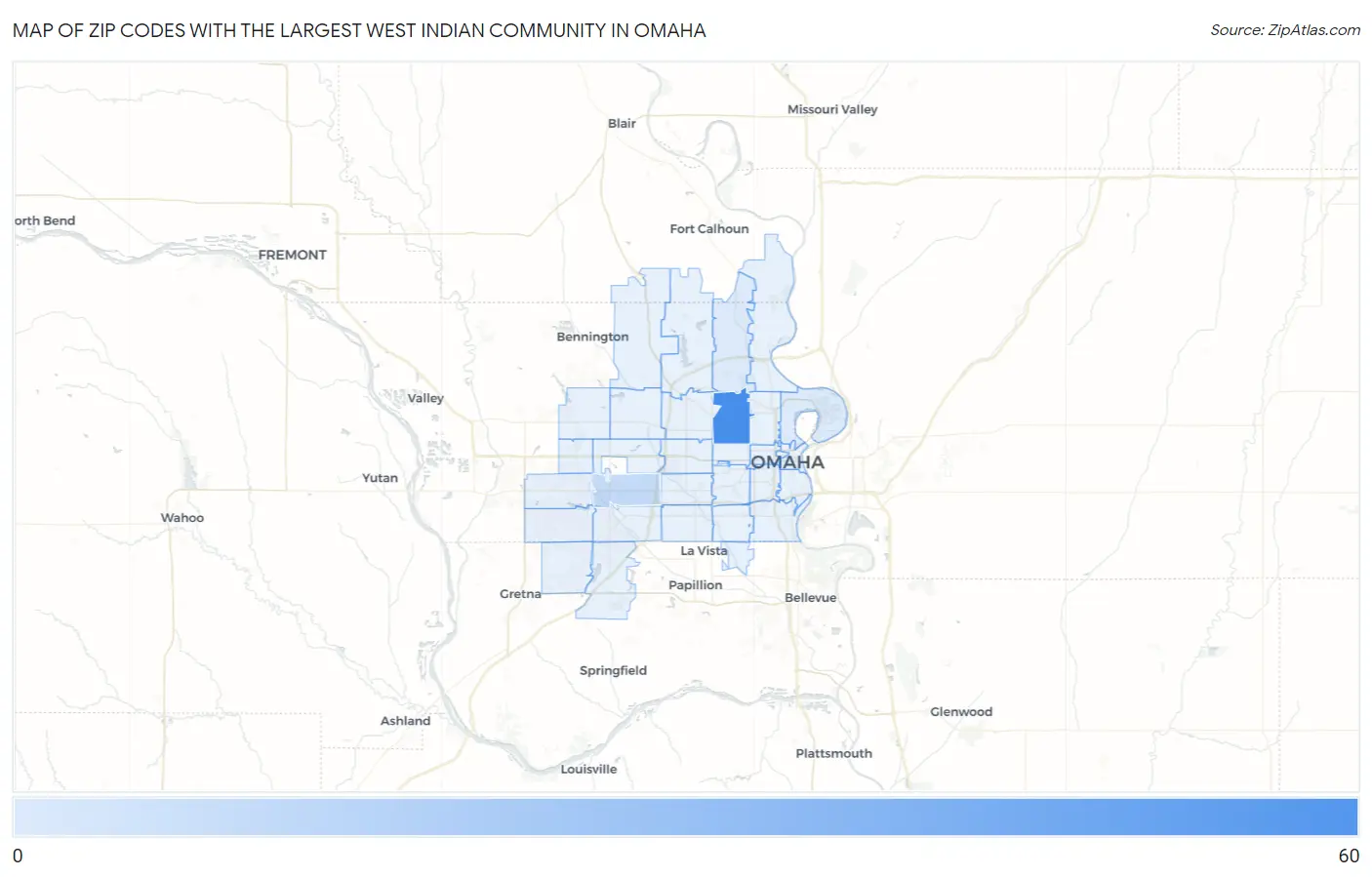 Zip Codes with the Largest West Indian Community in Omaha Map