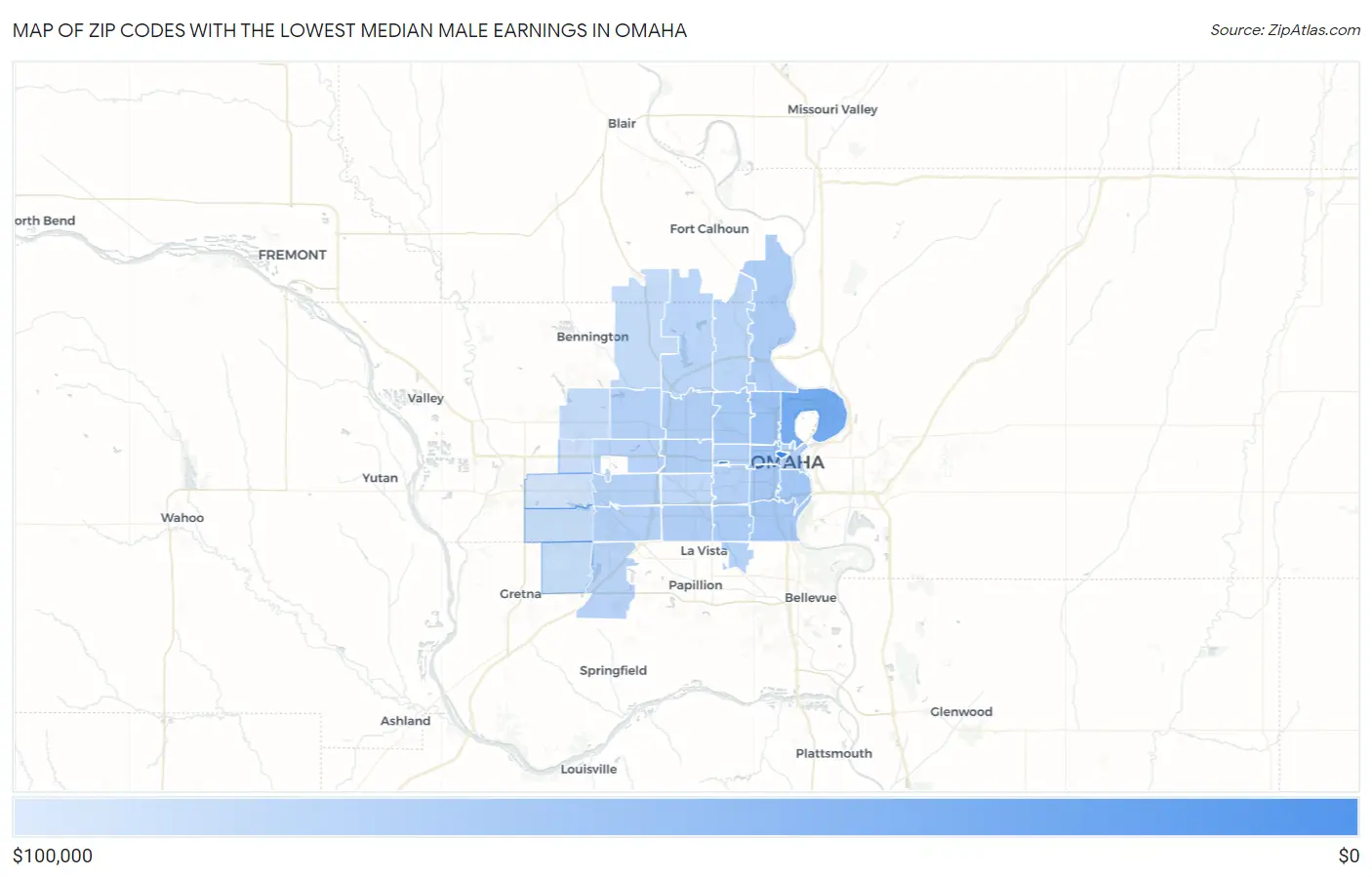 Zip Codes with the Lowest Median Male Earnings in Omaha Map