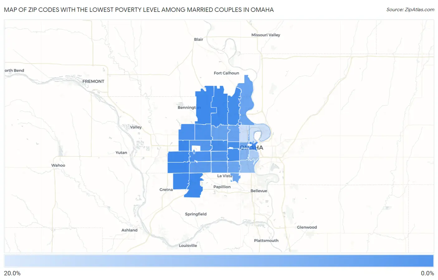 Zip Codes with the Lowest Poverty Level Among Married Couples in Omaha Map