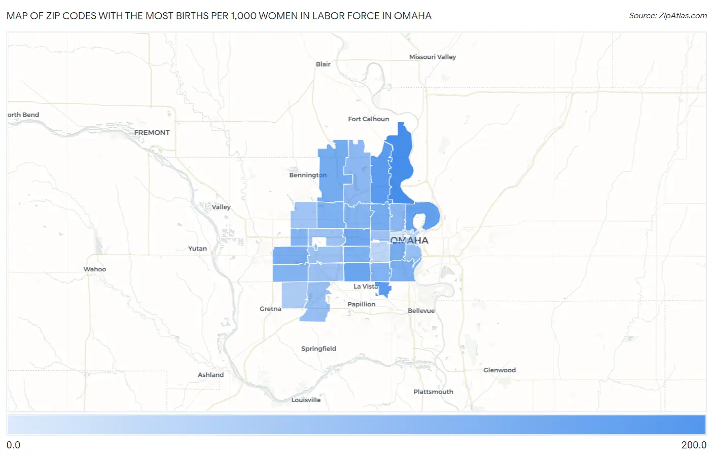 Zip Codes with the Most Births per 1,000 Women in Labor Force in Omaha Map