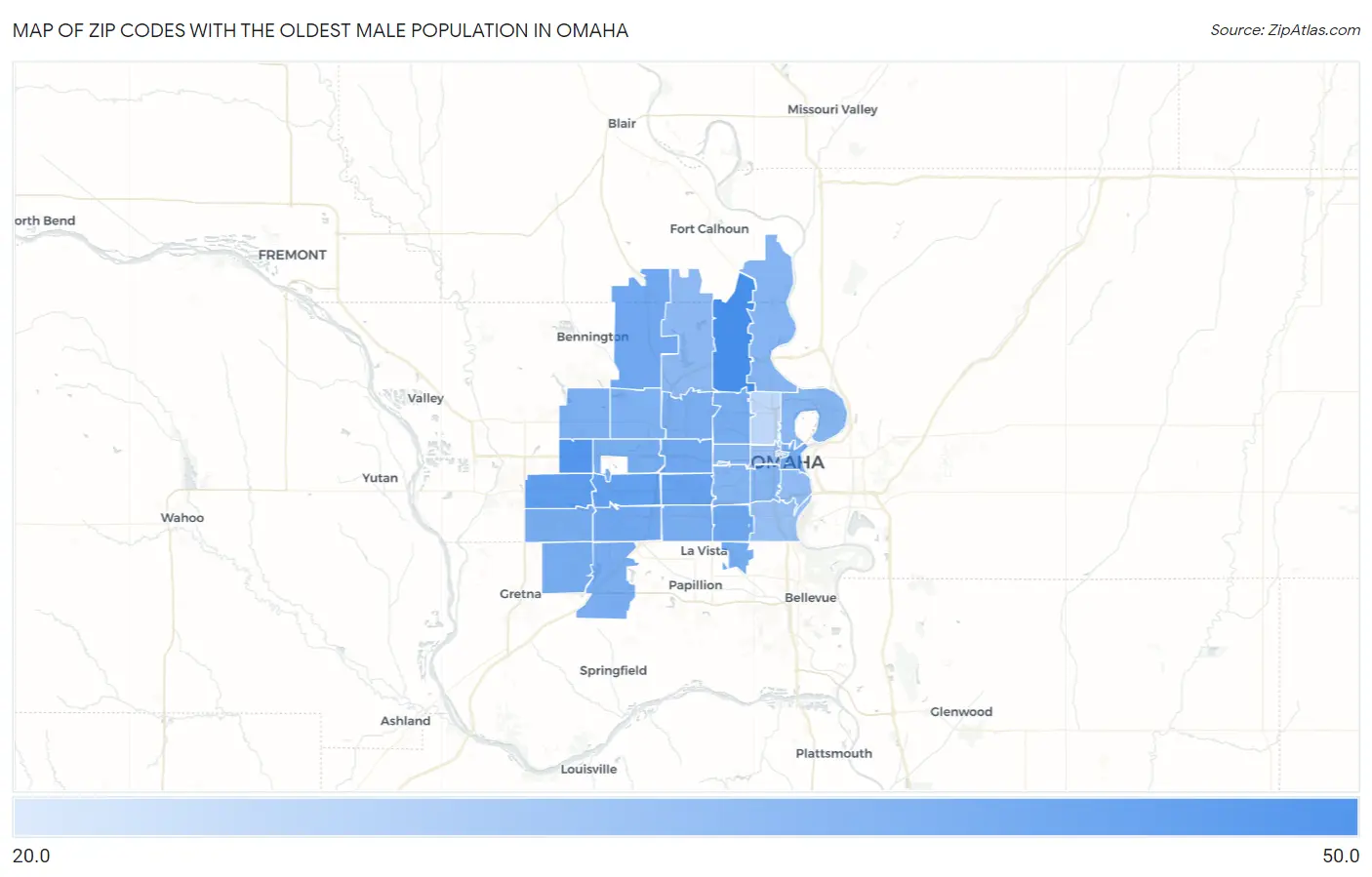 Zip Codes with the Oldest Male Population in Omaha Map