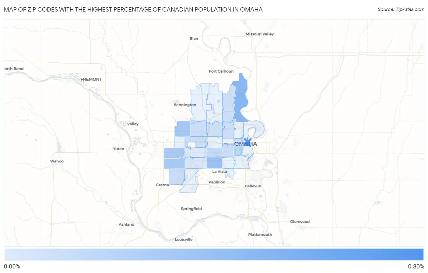Zip Codes with the Highest Percentage of Canadian Population in Omaha Map