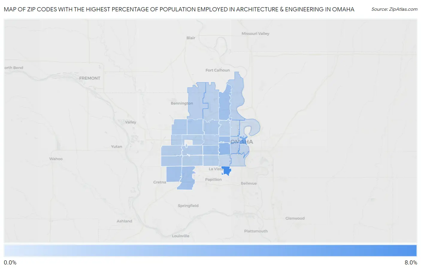 Zip Codes with the Highest Percentage of Population Employed in Architecture & Engineering in Omaha Map