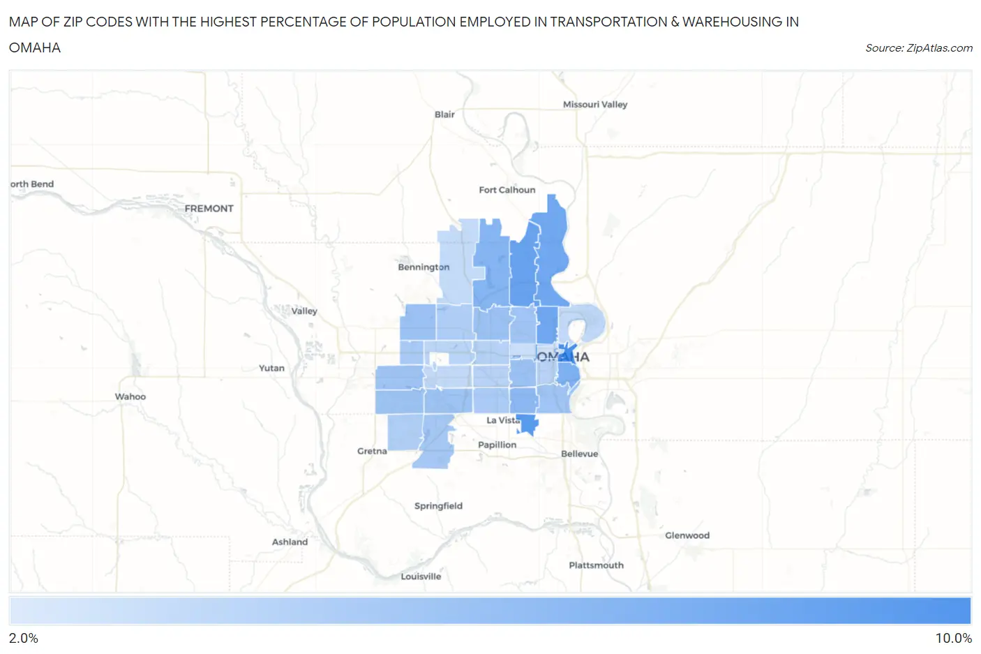 Zip Codes with the Highest Percentage of Population Employed in Transportation & Warehousing in Omaha Map
