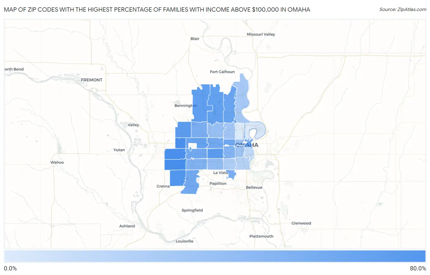 Zip Codes with the Highest Percentage of Families with Income Above $100,000 in Omaha Map