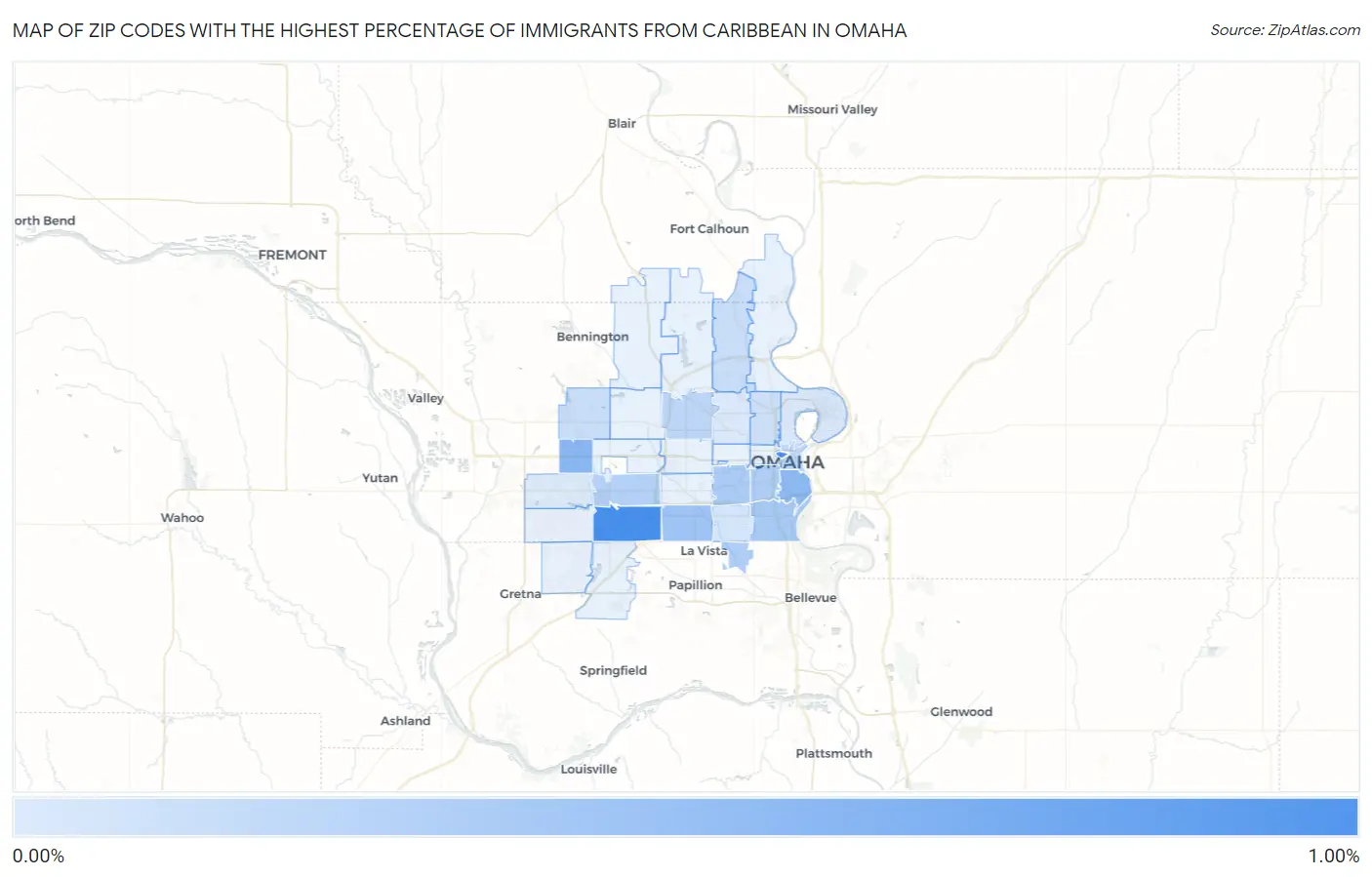 Zip Codes with the Highest Percentage of Immigrants from Caribbean in Omaha Map