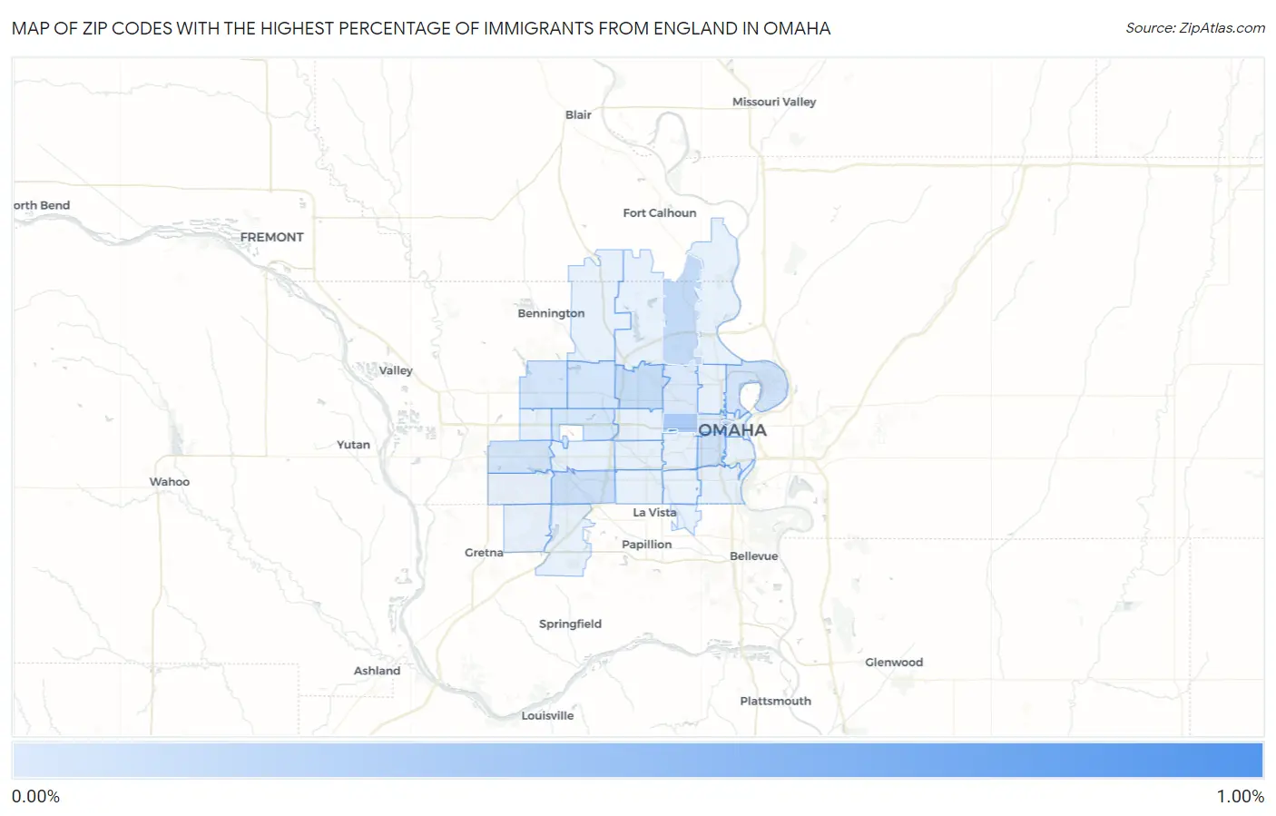 Zip Codes with the Highest Percentage of Immigrants from England in Omaha Map