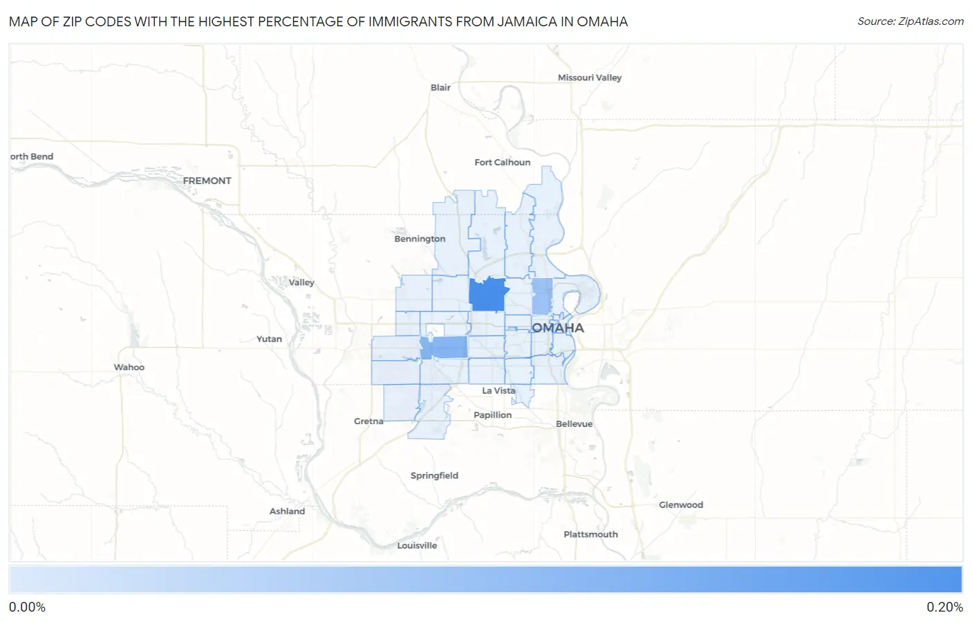 Zip Codes with the Highest Percentage of Immigrants from Jamaica in Omaha Map