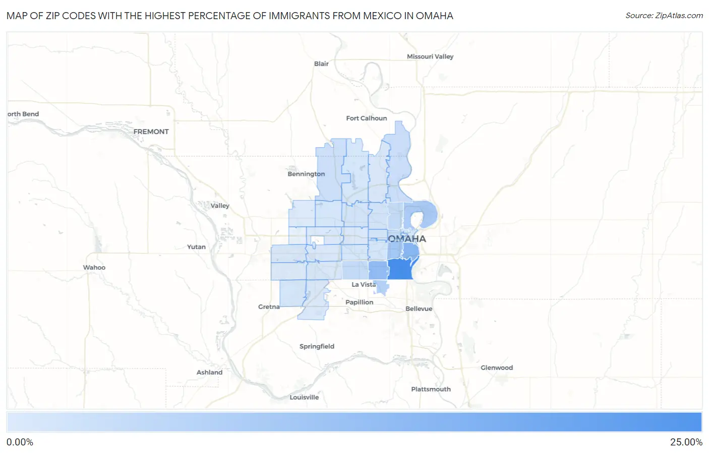 Zip Codes with the Highest Percentage of Immigrants from Mexico in Omaha Map