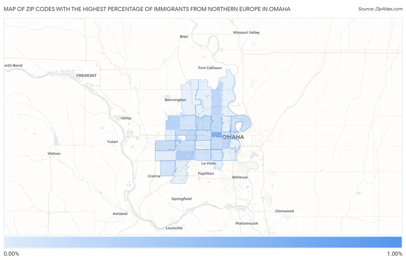 Zip Codes with the Highest Percentage of Immigrants from Northern Europe in Omaha Map