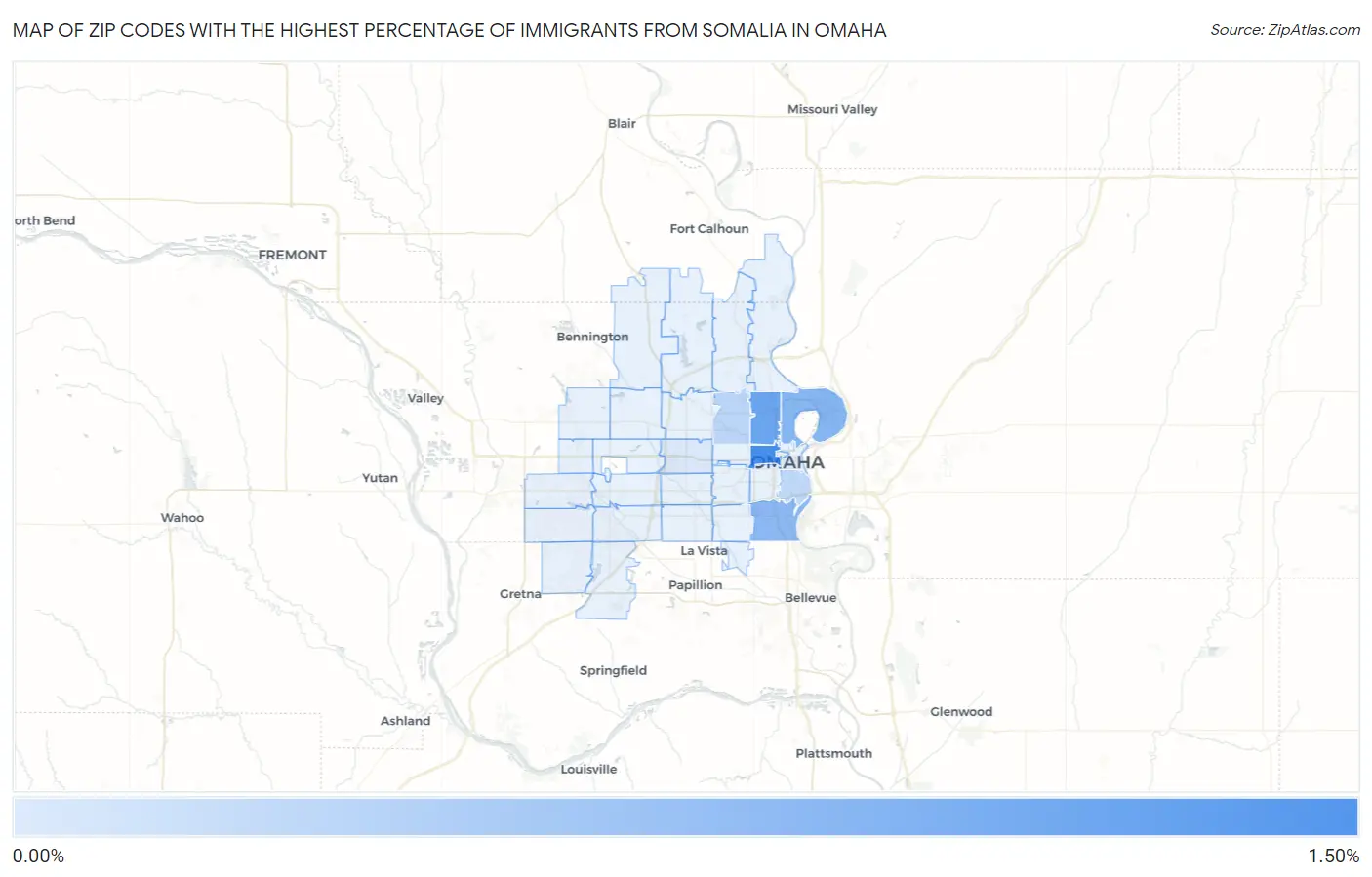Zip Codes with the Highest Percentage of Immigrants from Somalia in Omaha Map