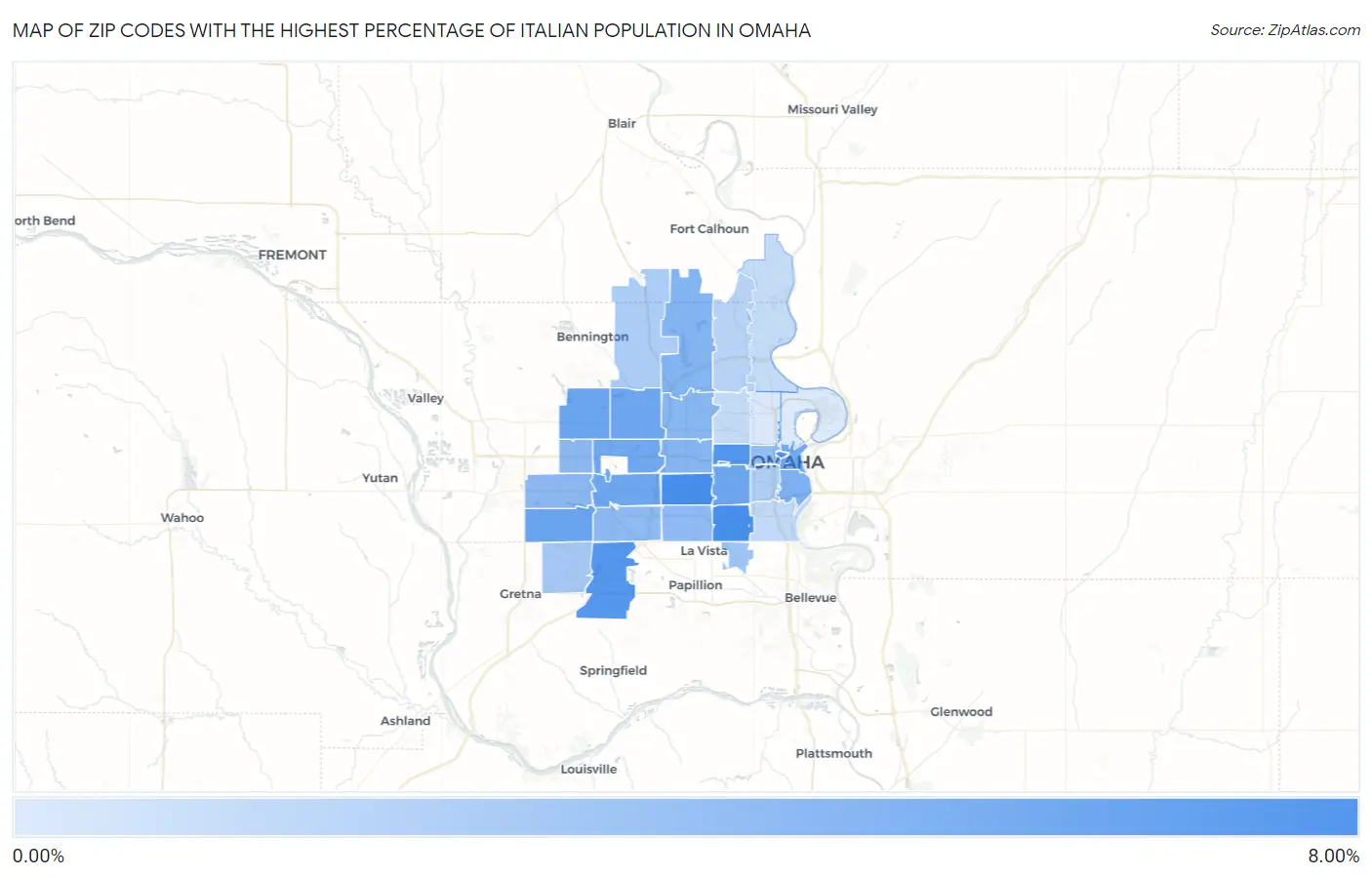Zip Codes with the Highest Percentage of Italian Population in Omaha Map
