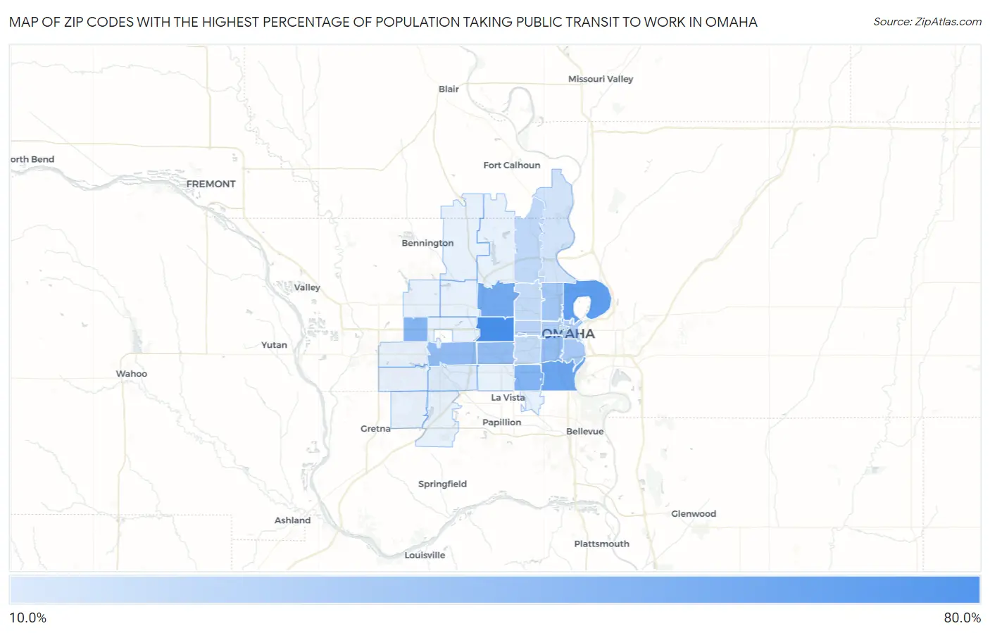Zip Codes with the Highest Percentage of Population Taking Public Transit to Work in Omaha Map