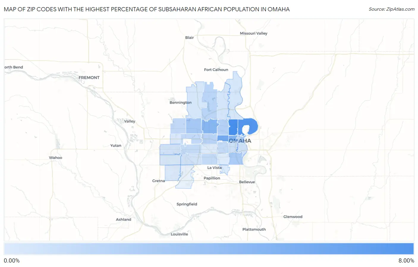 Zip Codes with the Highest Percentage of Subsaharan African Population in Omaha Map