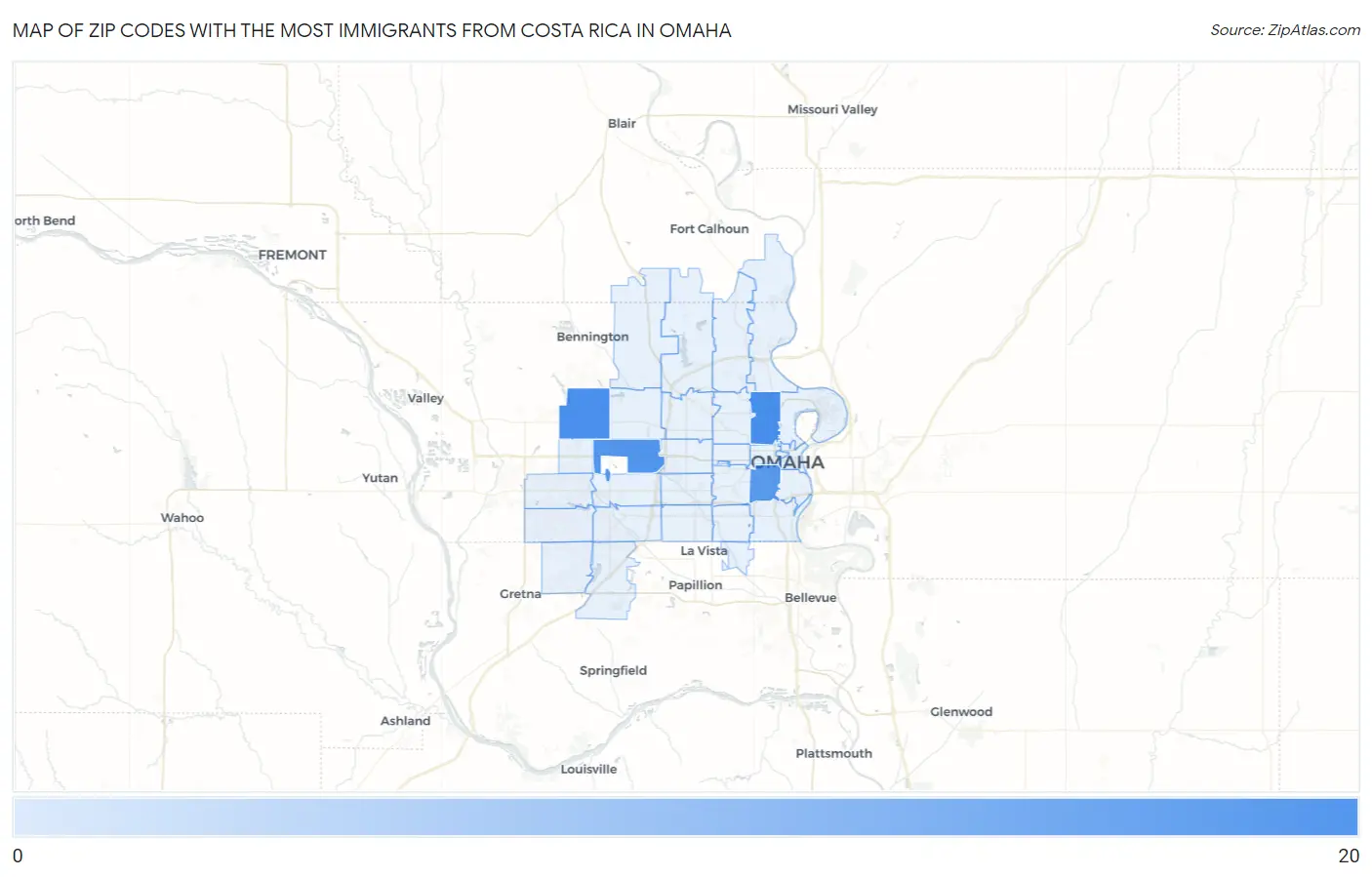 Zip Codes with the Most Immigrants from Costa Rica in Omaha Map