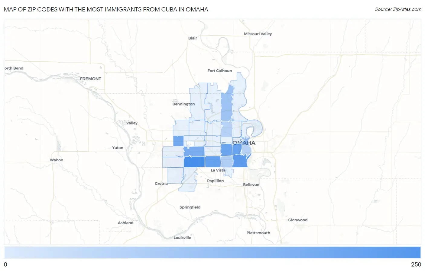Zip Codes with the Most Immigrants from Cuba in Omaha Map