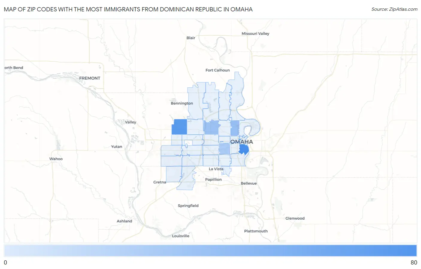 Zip Codes with the Most Immigrants from Dominican Republic in Omaha Map