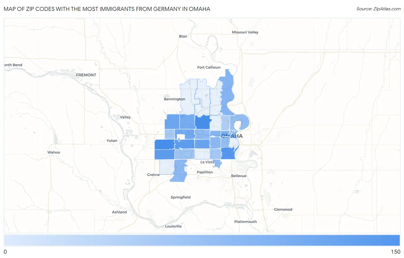 Zip Codes with the Most Immigrants from Germany in Omaha Map