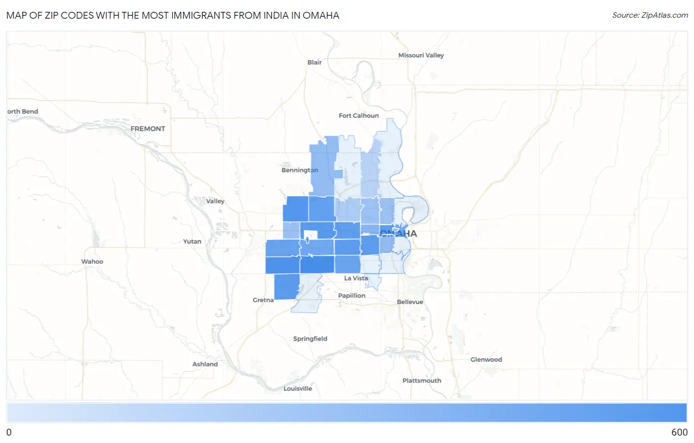 Zip Codes with the Most Immigrants from India in Omaha Map